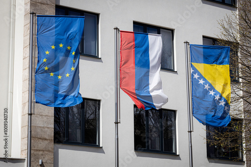 Flag of European union, Republic of Srpska and Bosnia And Herzegovina photo