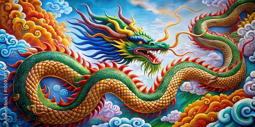 Fototapeta premium Intricate Long Dragon Drawing with Elaborate Details and Flowing Form in a Fantastical Style