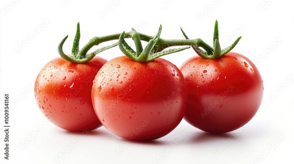 Fresh tomatoes with water droplets on a white surface, great for food or kitchen photography Fresh tomatoes with water droplets on a white surface, great for food or kitchen photography