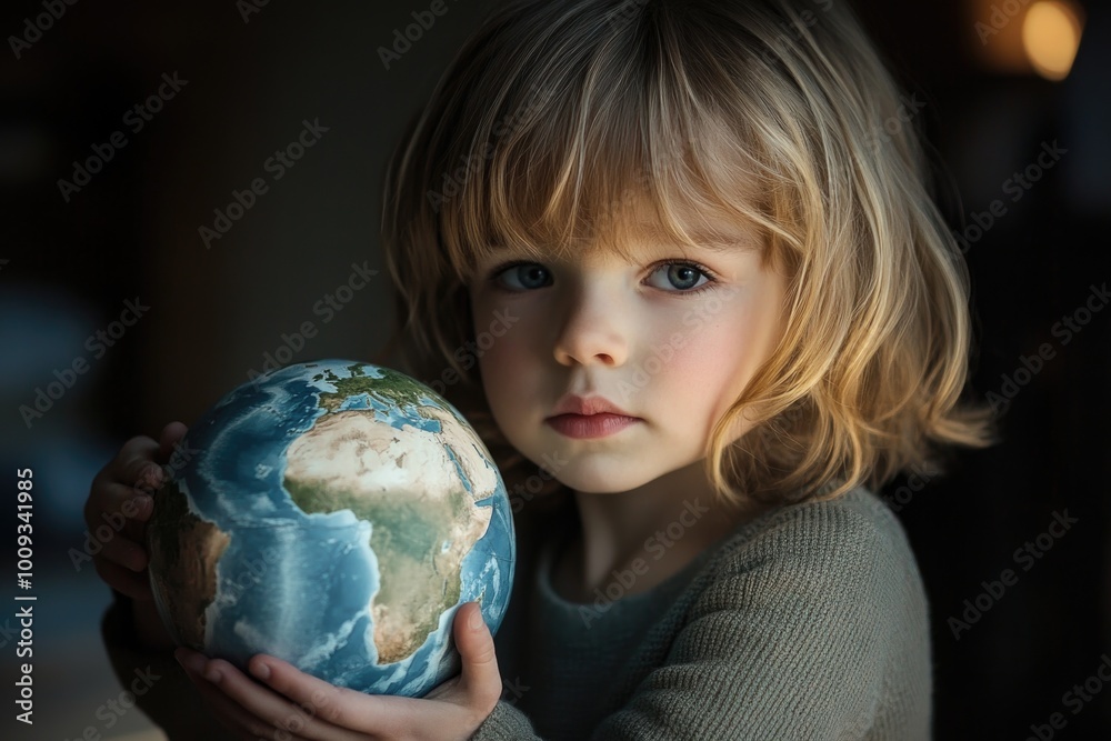 A young girl holds a globe in her hands, symbolizing exploration and discovery A young girl holds a globe in her hands, symbolizing exploration and discovery