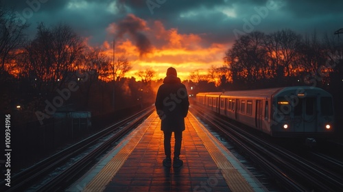 A realistic scene of a character standing at a train platform during dusk, gazing at the train approaching, with the sky painted in muted pastel colors 