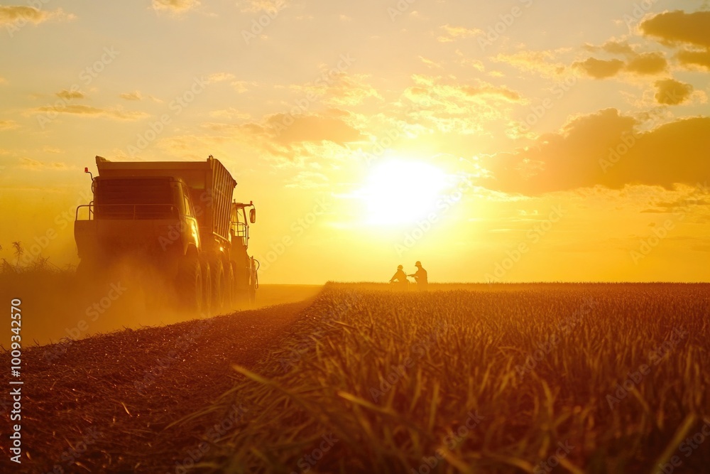 Fototapeta premium Agricultural vehicle passes through a lush green field as the sun sets in the background, highlighting the beauty of nature