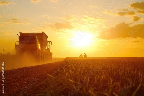 Agricultural vehicle passes through a lush green field as the sun sets in the background, highlighting the beauty of nature photo