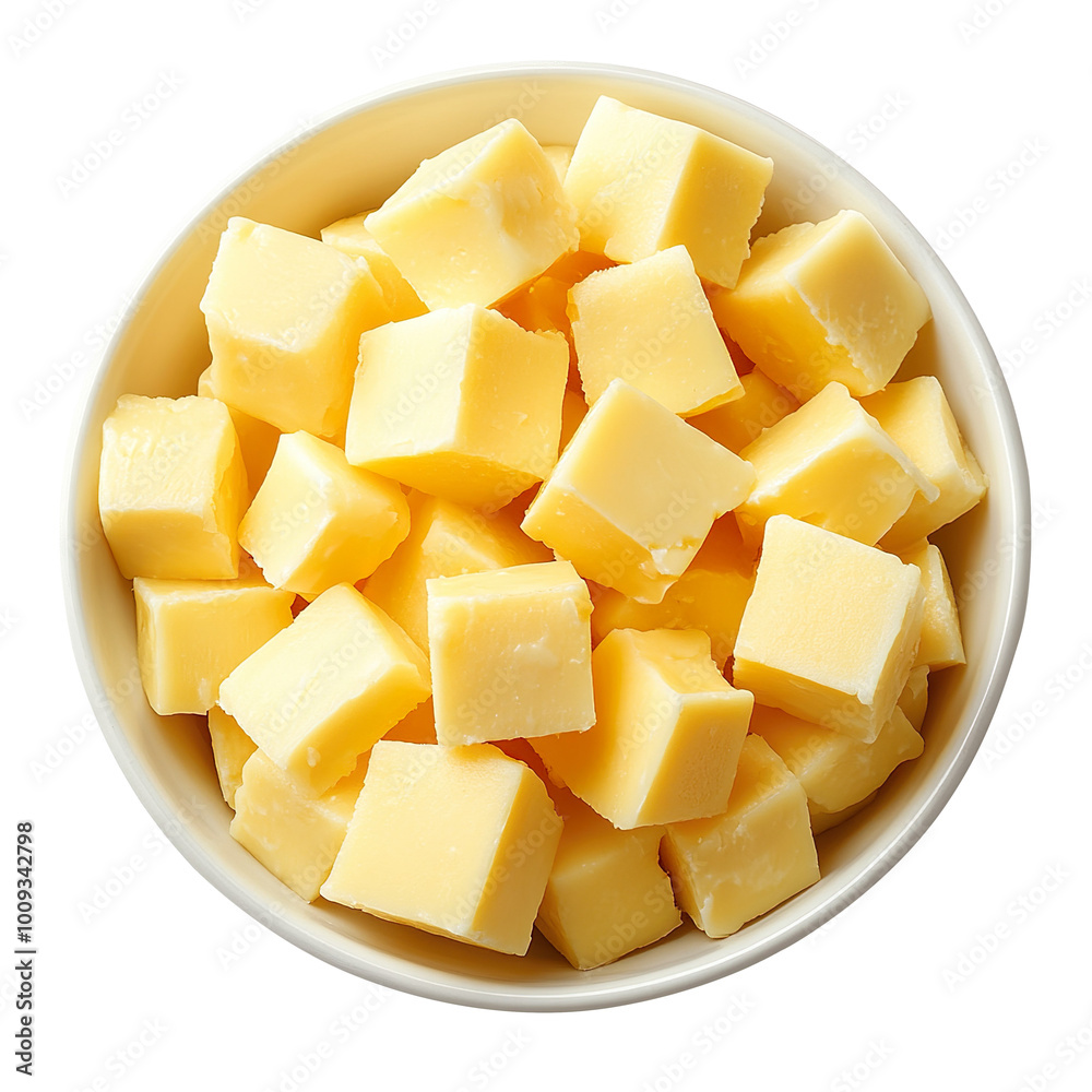 Bowl with tasty cheese cubes isolated on transparent background Bowl with tasty cheese cubes isolated on transparent background