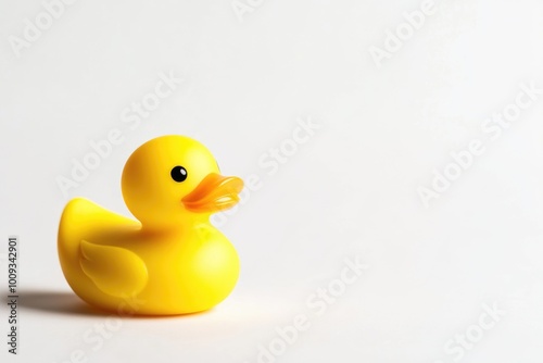 A single yellow rubber duck sitting on a white surface, suitable for use in children's bath time or as a decorative item