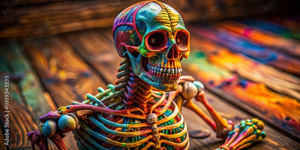 Fototapeta premium Intricate Skeleton Model Displayed on a Wooden Surface for Educational and Artistic Purposes