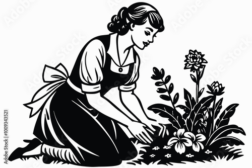 housewife, kneeling in garden picking flowers G.eps