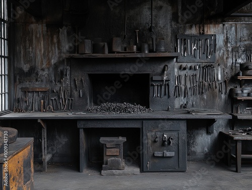 A minimalist blacksmithing workshop, with essential tools like tongs, hammers, and a forge, surrounded by iron and steel materials, highlighting the craftsmanship and creativity of the hobby photo