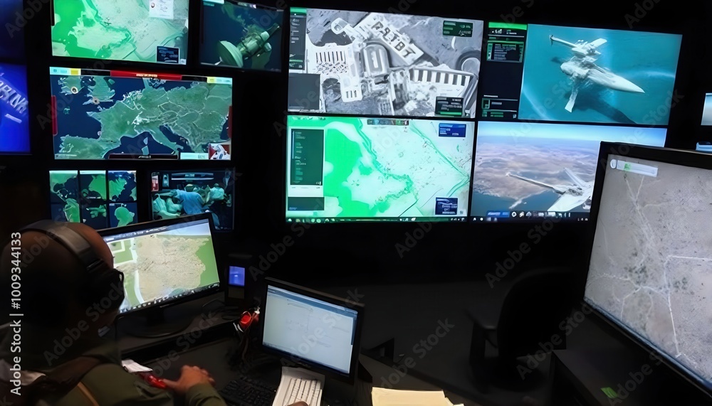 A high-tech military command center featuring digital screens and advanced technology, showcasing real-time data and strategic operations. A high-tech military command center featuring digital screens and advanced technology, showcasing real-time data and strategic operations.