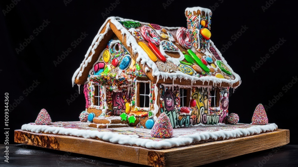 Photo & Art Print xmas gingerbread house made of unconventional materials, with graffiti designs a, Johannes photo-art-print-xmas-gingerbread-house-made-of-unconventional-materials-with-graffiti-designs-a-johannes