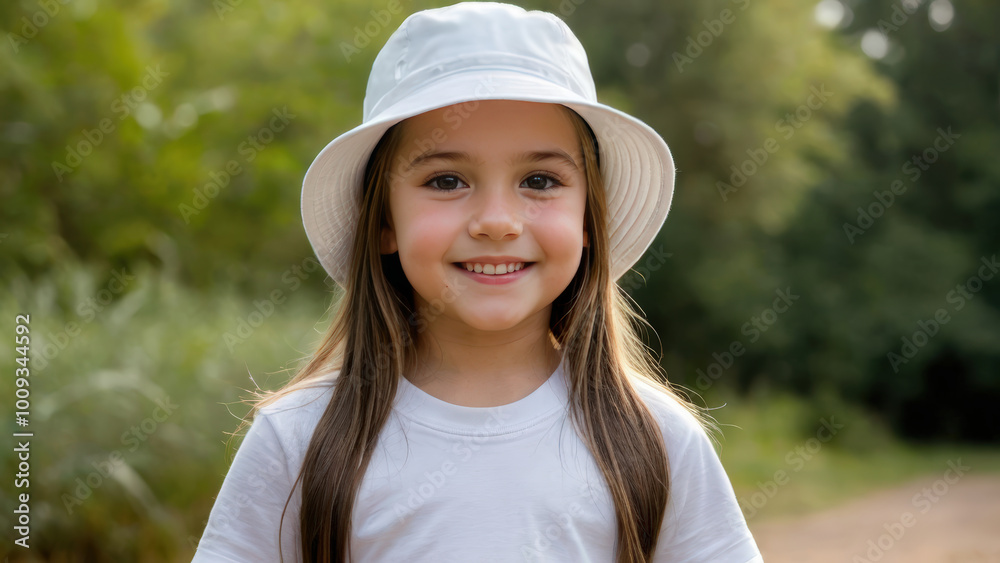 Little girl wearing white t-shirt and white bucket hat standing in nature Little girl wearing white t-shirt and white bucket hat standing in nature