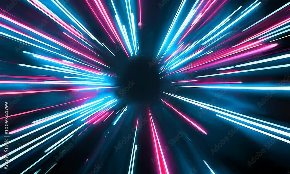Colorful abstract background with black hole and neon lines.