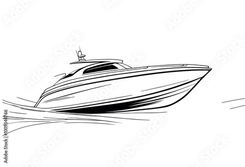 Sleek Motorboat in Motion Black and White Illustration