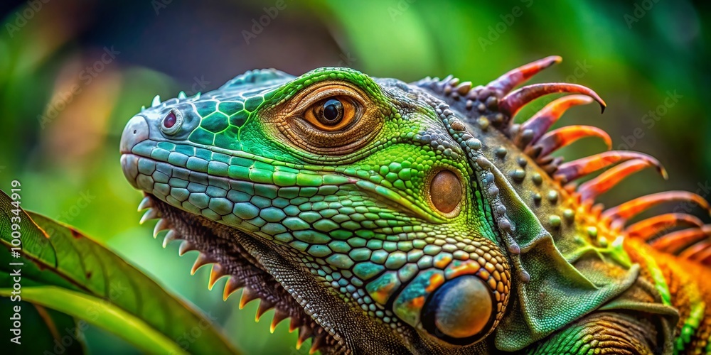 Intriguing close-up of a tangled iguana with vibrant colors against a natural green background