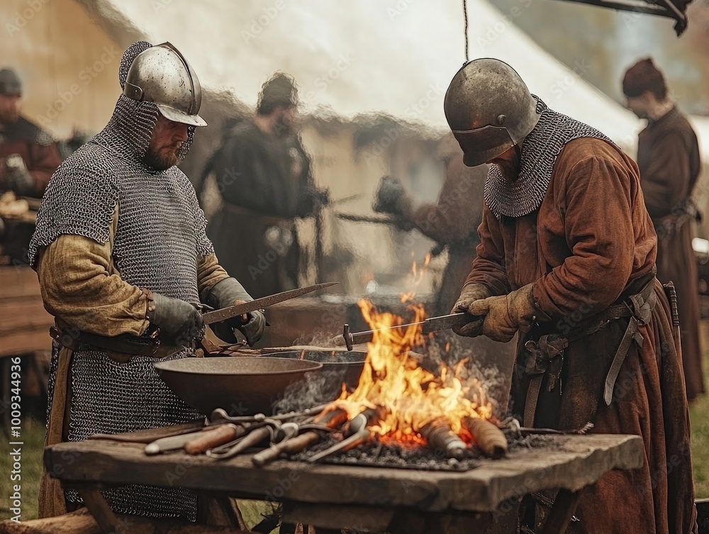 Fototapeta premium A detailed medieval reenactment setup with participants wearing chainmail and helmets, crafting weapons and tools over a fire, recreating the lifestyle and skills of medieval blacksmiths