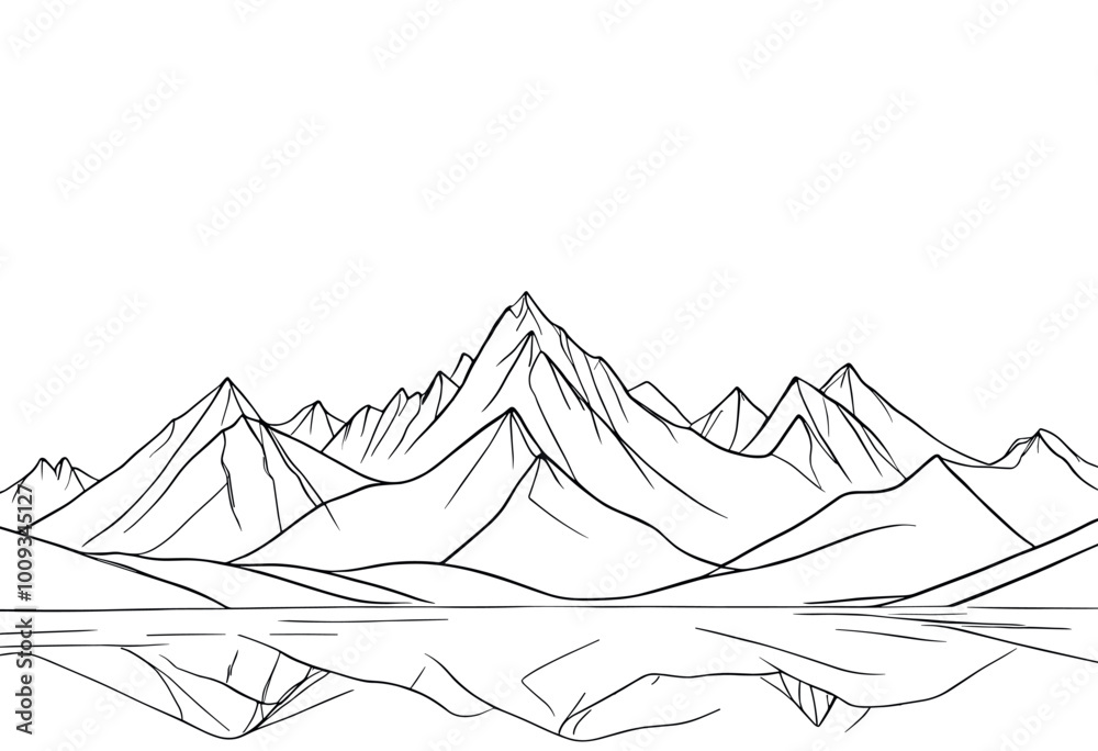 Mountain Landscape with Lake in Simple Line Art