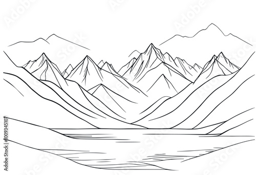 Mountain Landscape with Lake in Simple Line Art