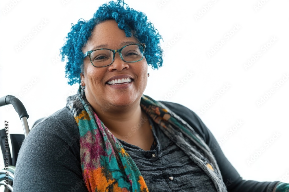 A woman with vibrant blue hair sits comfortably in a wheelchair, surrounded by subtle details A woman with vibrant blue hair sits comfortably in a wheelchair, surrounded by subtle details
