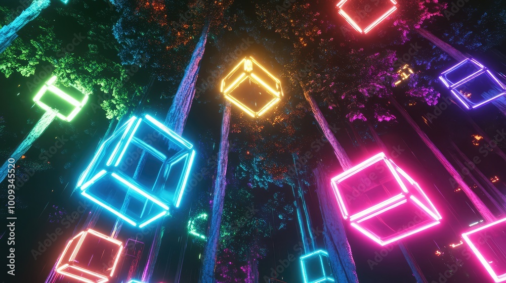 Neon cubes form the trees in a surreal forest, their glowing geometric shapes illuminating the black sky in vivid neon hues. Neon cubes form the trees in a surreal forest, their glowing geometric shapes illuminating the black sky in vivid neon hues.