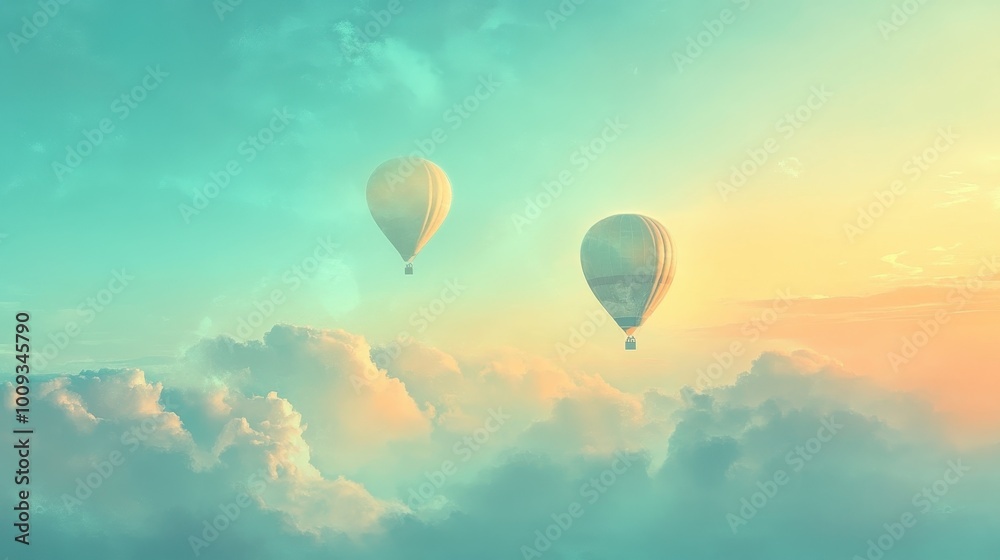 Naklejka premium Whimsical Hot Air Balloons Soaring Through Colorful Clouds