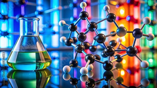 Isopropylbenzene Chemical Structure and Molecular Model in Laboratory Setting with Glassware Background photo