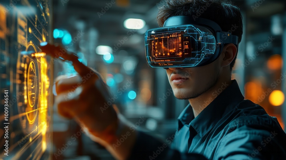 Virtual Reality Interaction With Futuristic Holographic Displays, Young Man Using VR Headset For Innovative Technology Concept Virtual Reality Interaction With Futuristic Holographic Displays, Young Man Using VR Headset For Innovative Technology Concept