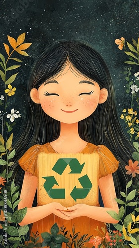 A freckled girl stands amidst flowers and leaves, holding a recycling symbol, evoking a sense of harmony, environmental care, and youthfulness. photo