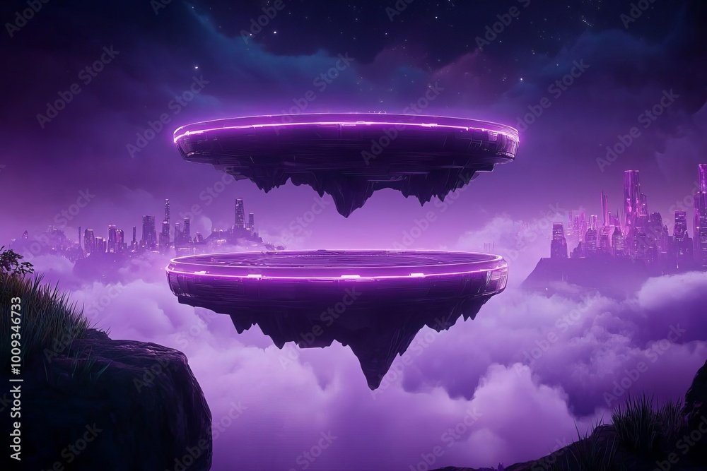 Floating SciFi Platforms with Glowing Bridges and Vibrant Futuristic Skyline at Dusk Floating SciFi Platforms with Glowing Bridges and Vibrant Futuristic Skyline at Dusk