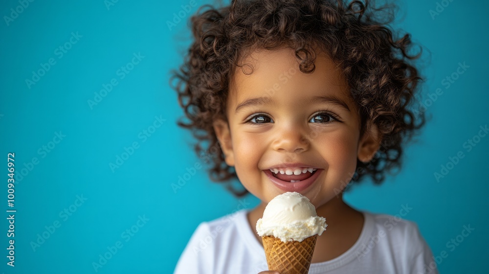 Joyful child enjoying a delicious ice cream cone, smiling with happiness, bright blue background serving summer vibes, cheerful moments concept Joyful child enjoying a delicious ice cream cone, smiling with happiness, bright blue background serving summer vibes, cheerful moments concept