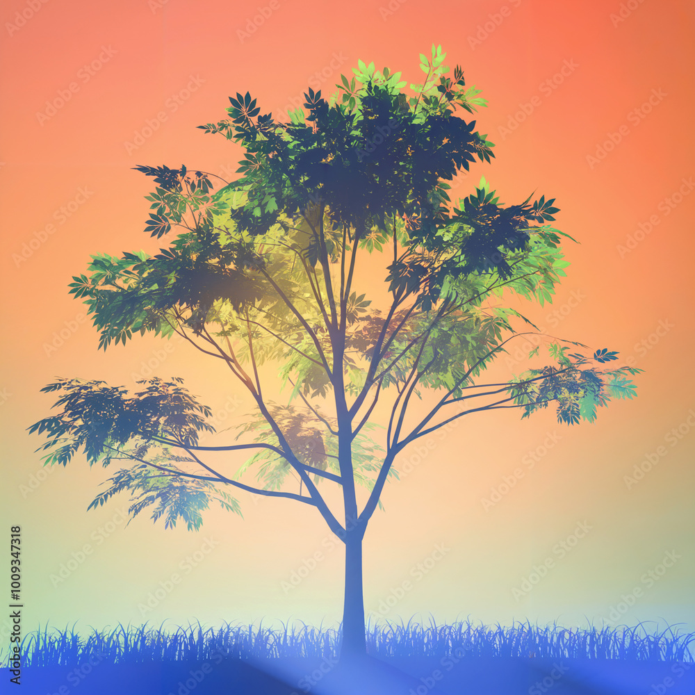 Obraz premium Tree glowing in sunlight with orange and blue gradient sky