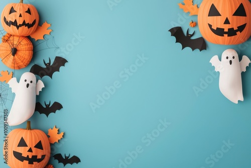 Halloween decorations with pumpkins, ghosts, and bats.