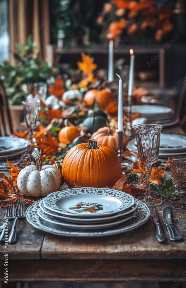 rustic autumn table setting featuring pumpkins, gourds, vibrant fall foliage for a cozy dining atmosphere rustic autumn table setting featuring pumpkins, gourds, vibrant fall foliage for a cozy dining atmosphere