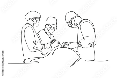 Continuous one line drawing group of team surgeon doctor doing surgery operation to the patient with critical condition. Operating surgery concept. Single line draw design vector graphic illustration