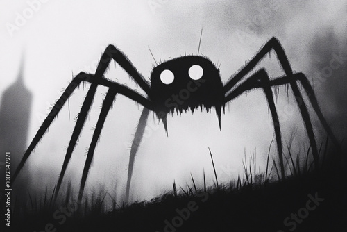 A large black silhouette of a spider with glowing white eyes looms ominously in a foggy setting creating a sense of dread and mystery
