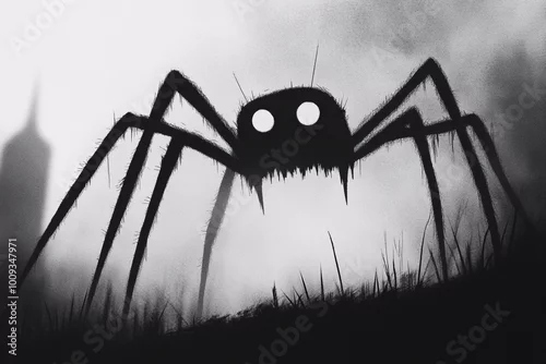Fototapeta A large black silhouette of a spider with glowing white eyes looms ominously in a foggy setting creating a sense of dread and mystery
