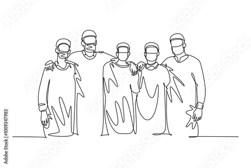 Continuous one line drawing group of surgeon doctors standing and hugging after doing operating surgery at hospital. Medical care treatment concept. Single line draw design vector graphic illustration