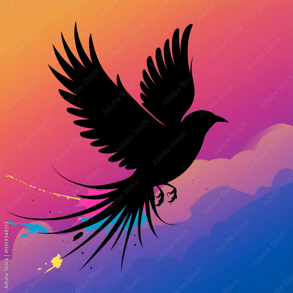 Naklejka premium Black bird silhouette flying against vibrant sunset sky