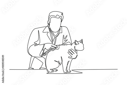 Single continuous line drawing male veterinarian examining and take care of a sick cat because of a bacteria. Pet health care service concept. Dynamic one line draw graphic design vector illustration