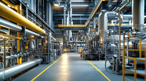 Inside a bustling industrial factory, workers in hard hats navigate among sleek machinery and an intricate network of pipes, emphasizing modern manufacturing