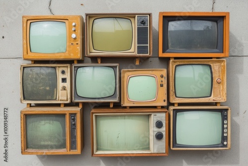 A pile of vintage televisions, stacked horizontally and vertically