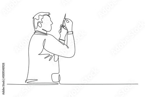 Single continuous line drawing male doctor measure proper dose about covid vaccine injection for sick patient. Coronavirus medical treatment concept. One line draw graphic design vector illustration