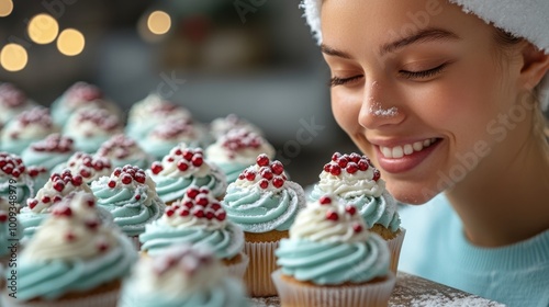 An interactive baking class where participants learn to decorate Christmas cupcakes with various toppings and designs in a fun environment