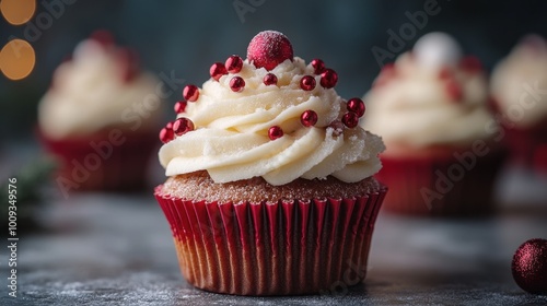 A minimalist presentation of a single Christmas cupcake, emphasizing its unique decorations against a solid background