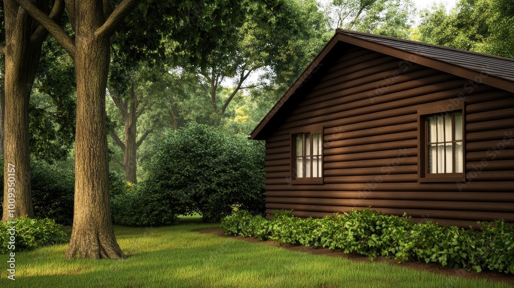 Nestled in a tranquil forest, a wooden house features warm brown tones, a small window, and is enveloped by verdant grass, trees, and bushes. Nestled in a tranquil forest, a wooden house features warm brown tones, a small window, and is enveloped by verdant grass, trees, and bushes.
