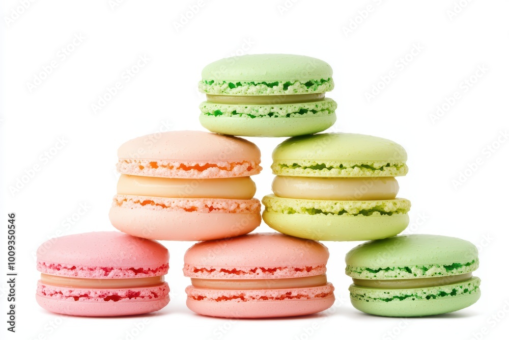 Colorful macarons stacked on top of each other against a white background, showcasing a variety of flavors and colors. Colorful macarons stacked on top of each other against a white background, showcasing a variety of flavors and colors.