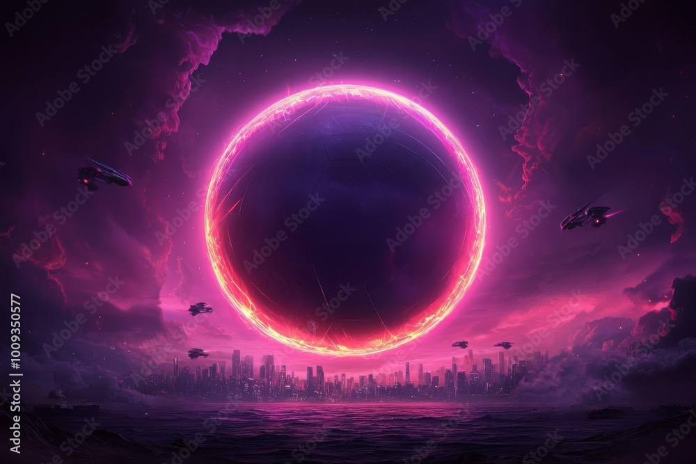Futuristic City with SciFi Forcefield Dome and Glowing Energy Surrounded by Flying Vehicles Futuristic City with SciFi Forcefield Dome and Glowing Energy Surrounded by Flying Vehicles