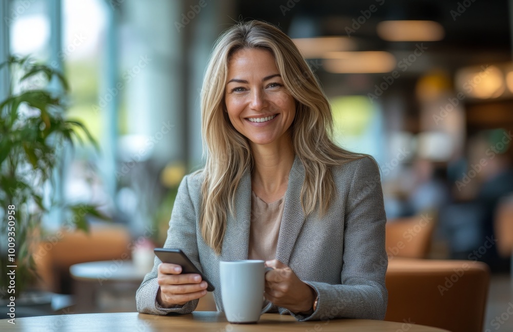 Smiling businesswoman at office table using mobile phone and coffee mug, taking a break Smiling businesswoman at office table using mobile phone and coffee mug, taking a break