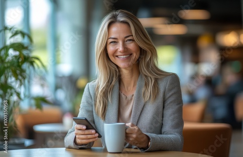 Smiling businesswoman at office table using mobile phone and coffee mug, taking a break