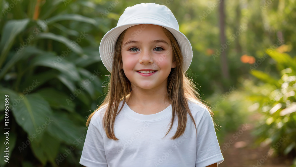 Little girl wearing white t-shirt and white bucket hat standing in nature Little girl wearing white t-shirt and white bucket hat standing in nature