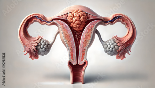 Uterine cancer. cross-section of uterus, layers endometrium, myometrium, cervix. Emphasize cancerous growths, tumors within endometrium, contrasting them with normal tissue. 
